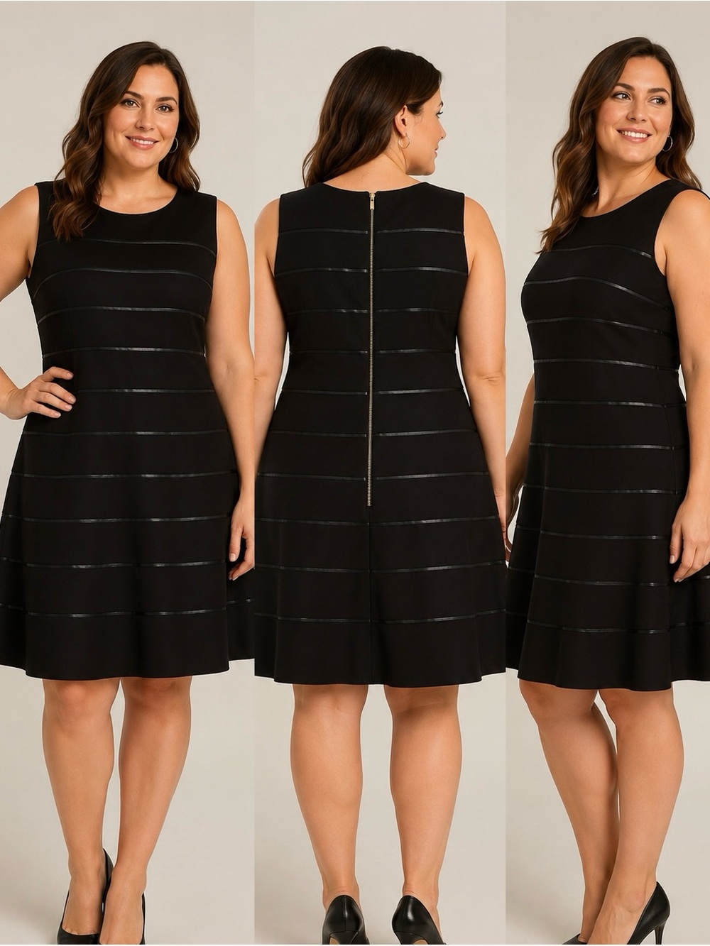 Calvin Klein Little Black Dress with Subtle Faux Leather Stripe Detail